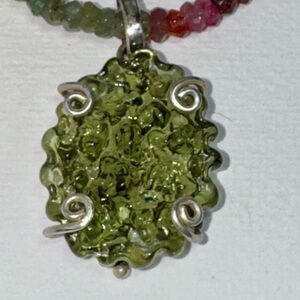 Elegant Green Moldavite Pendant, Tourmaline Necklace